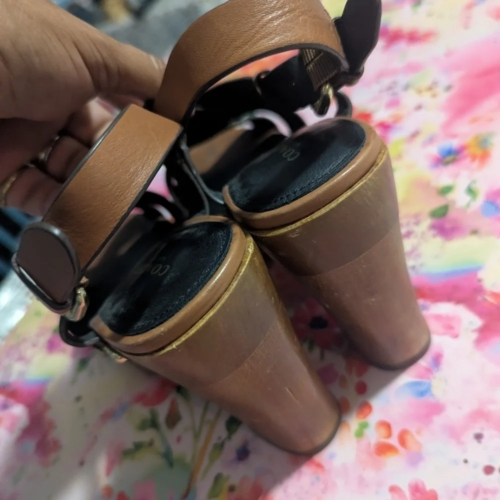 Coach Brown and Gold Heels with Chunky Block Design